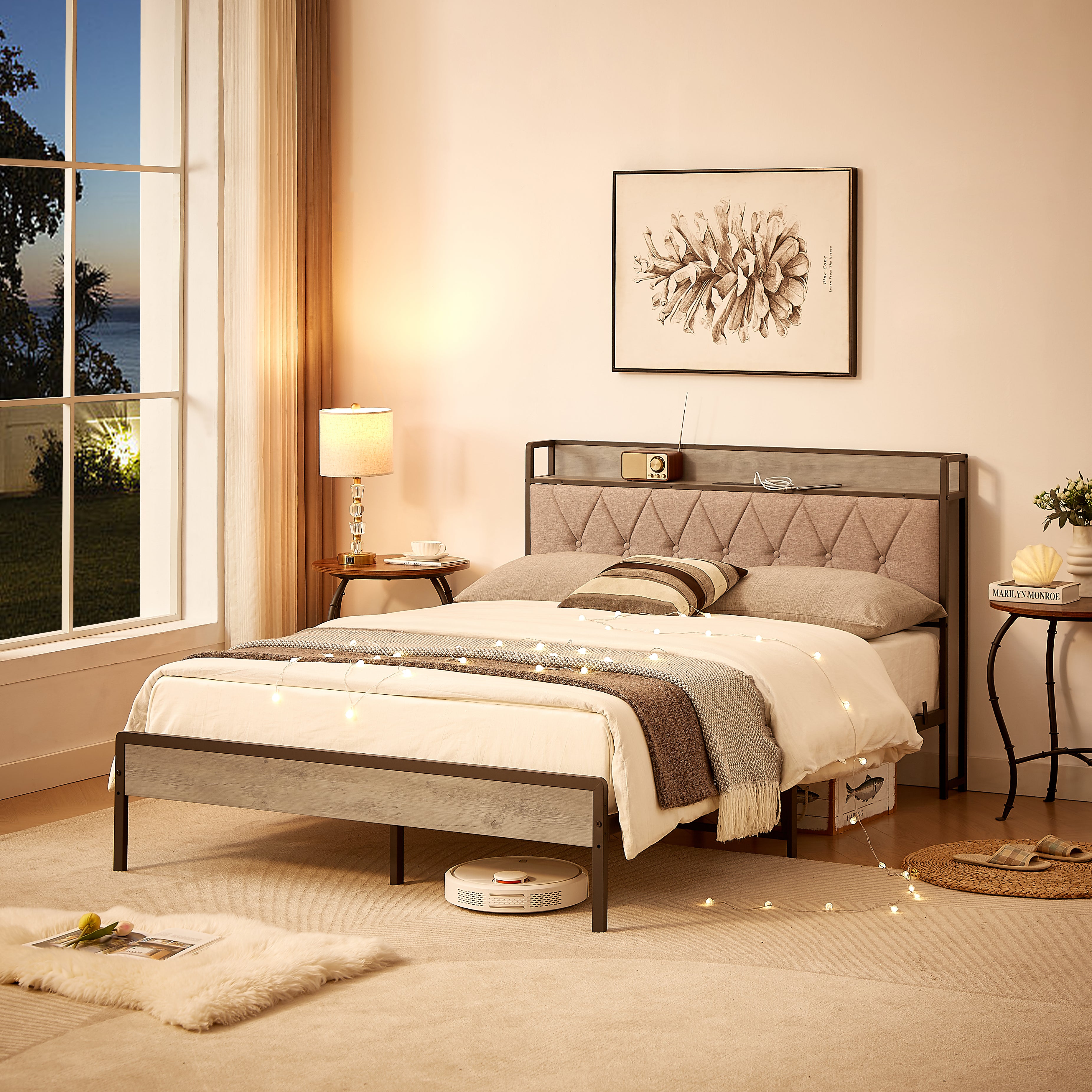 Bed frame with charging station full size, Grey