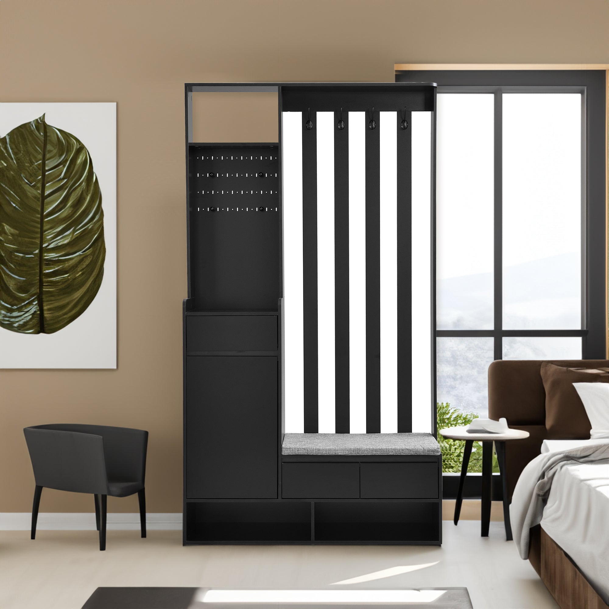 multifunctional corridor shoe cabinet with soft padded nail board and black hanger with entrance hook