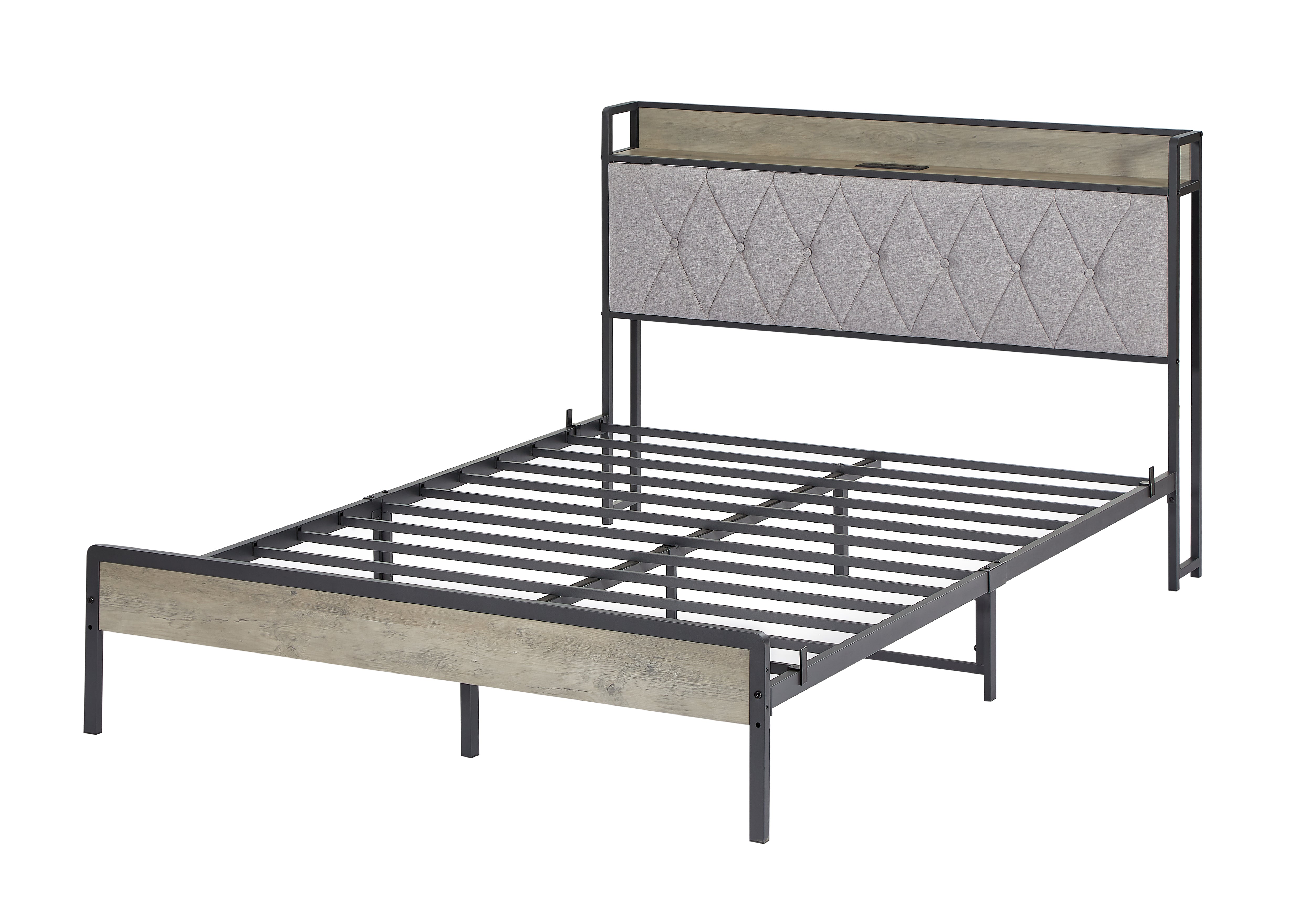 Bed frame with charging station full size, Grey