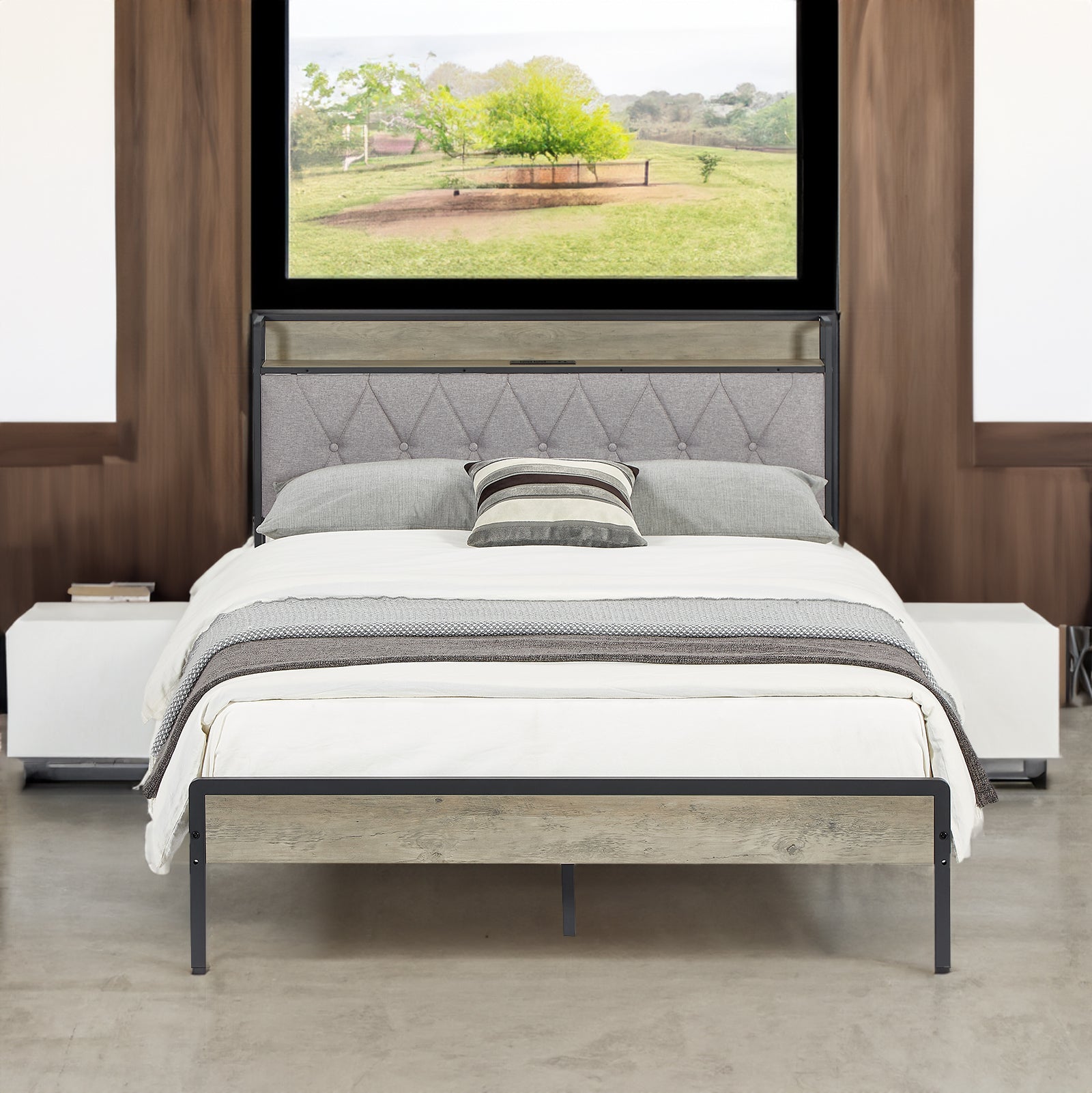 Bed frame with charging station full size, Grey