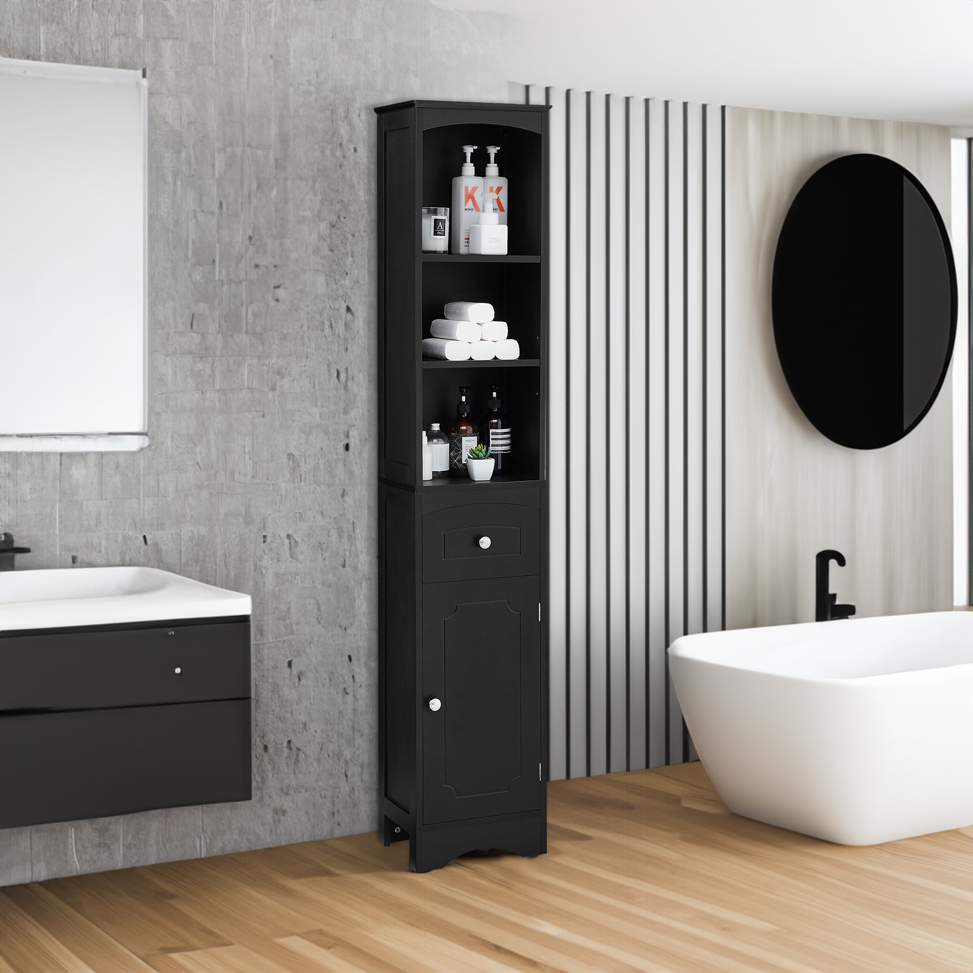 Tall Bathroom Cabinet, Freestanding Storage Cabinet with Drawer, MDF Board, Adjustable Shelf, Black