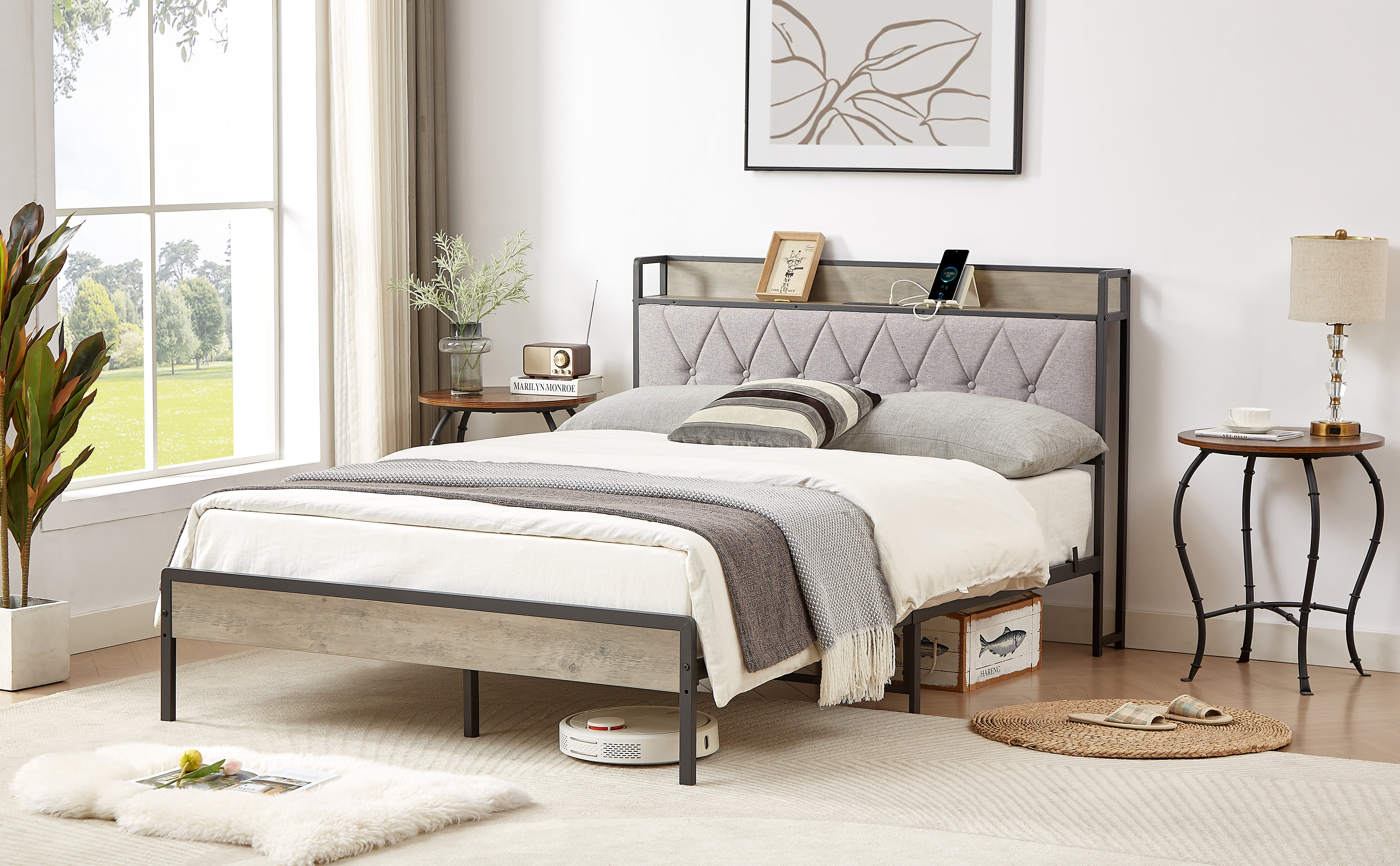 Bed frame with charging station full size, Grey